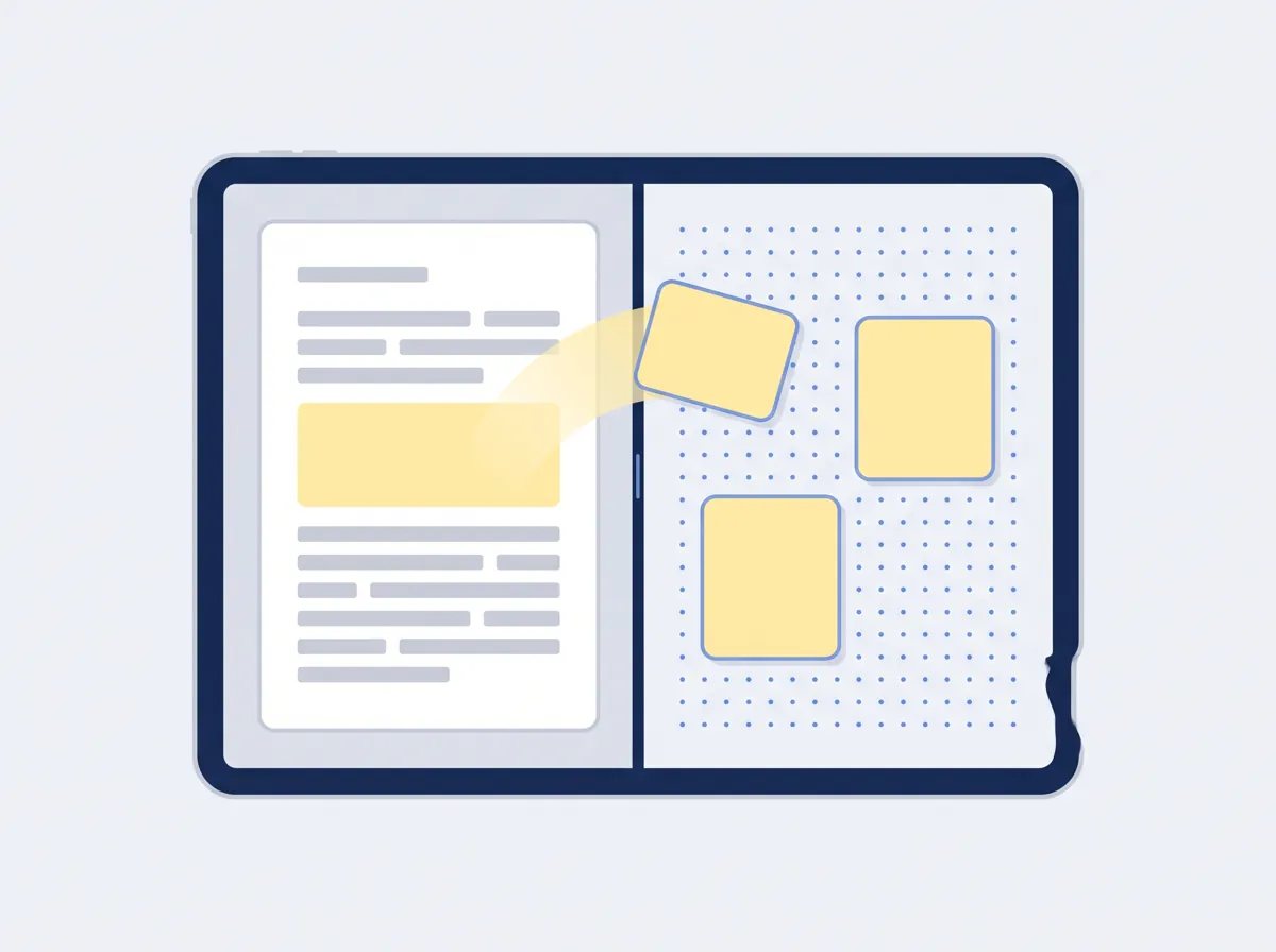 A tablet with a document on the left and a dotted board on the right; a highlighted passage is lifting off the page and landing on the board as a card.