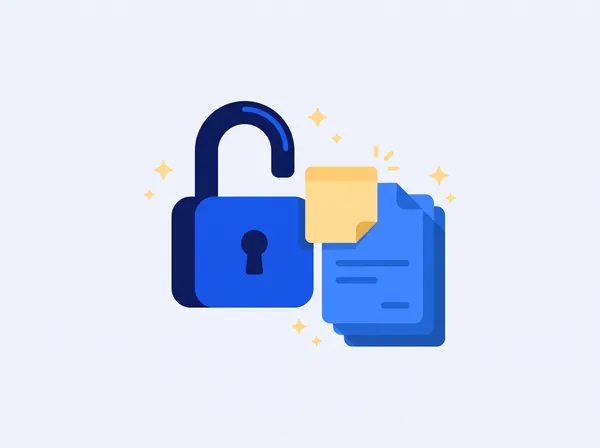 An open padlock beside a stack of documents and a sticky note.